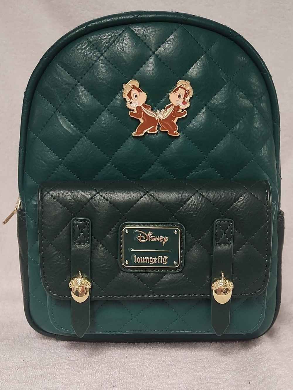 Loungefly Teal And Dark Green Quilted Mini Backpack with Chip 'n' Dale Pin